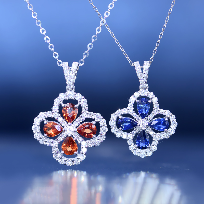 宝创集18k金镶嵌1克拉天然皇家蓝橙蓝宝石四叶草钻石吊坠锁骨项链