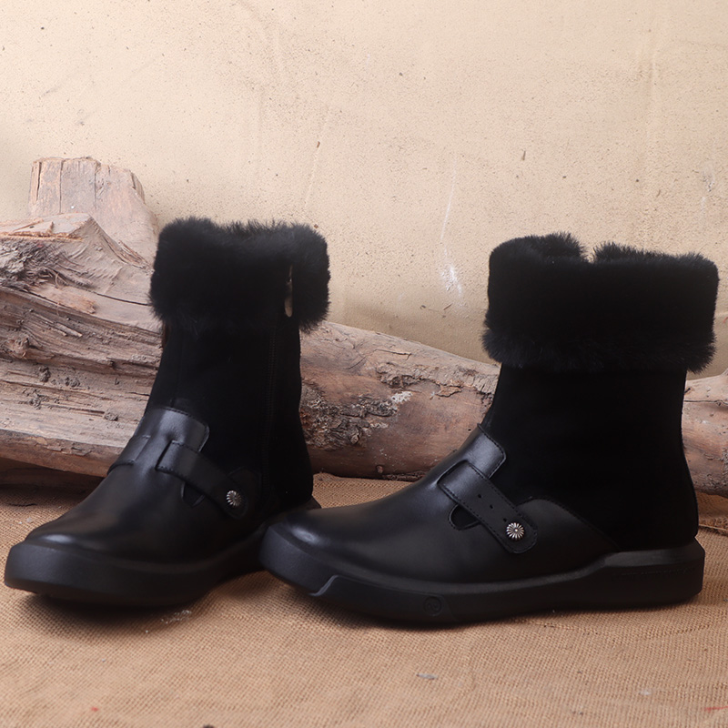 冬季新款羊毛一体马丁靴女真皮平底圆头厚底短筒大码加厚保暖靴子