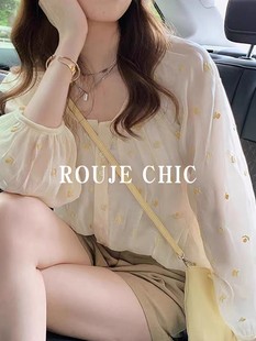 法国Rouje Chic夏季碎花波点雪纺防晒衬衫女灯笼袖防晒设计感小众