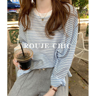 法国Rouje Chic法式条纹冰丝防晒罩衫薄款女夏季甜美宽松长袖T恤