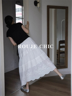 法国Rouje Chic法式白色蕾丝高腰半身裙女薄款垂感中长款a字伞裙