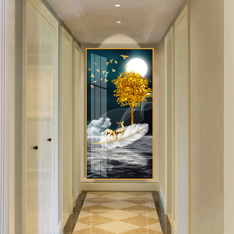 现代轻奢玄关装饰画过道金色抽象简约美式走廊墙面竖巨幅大幅壁画
