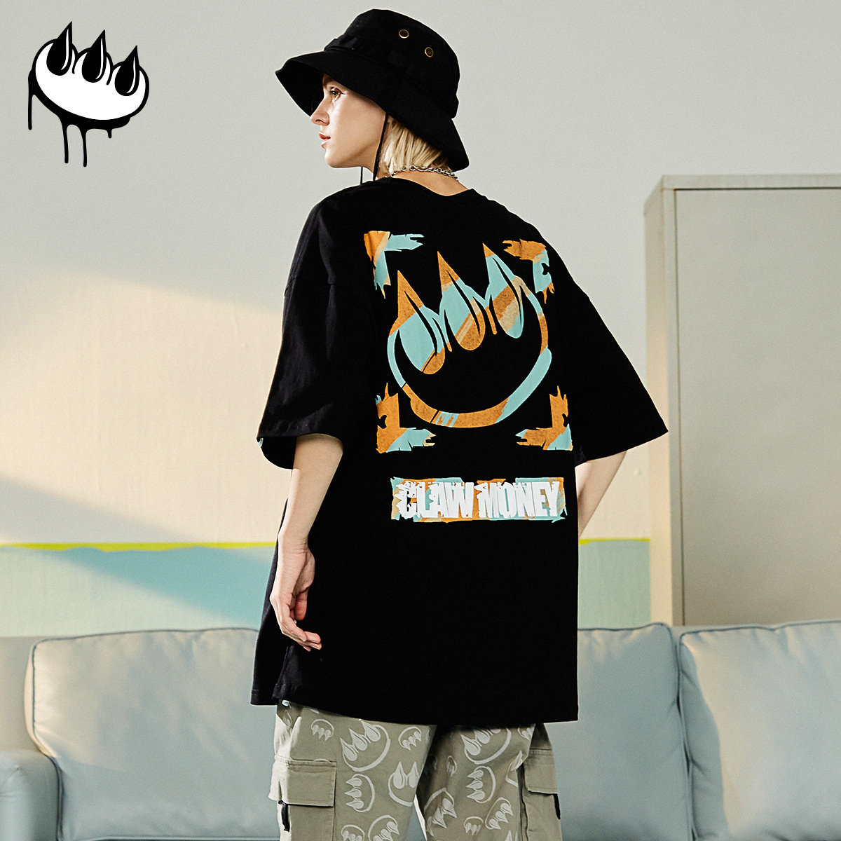 claw money潮牌后背大印花短袖t恤男生情侣宽松半袖圆领五分袖