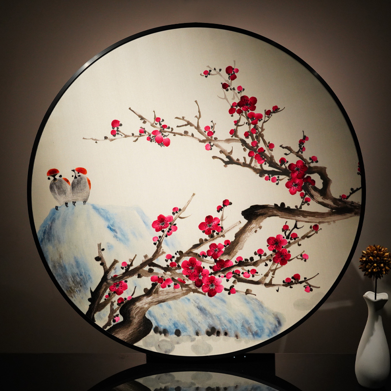逸福瑞现代新中式苏州手工刺绣装饰挂画喜上眉梢其乐融融圆形玄关