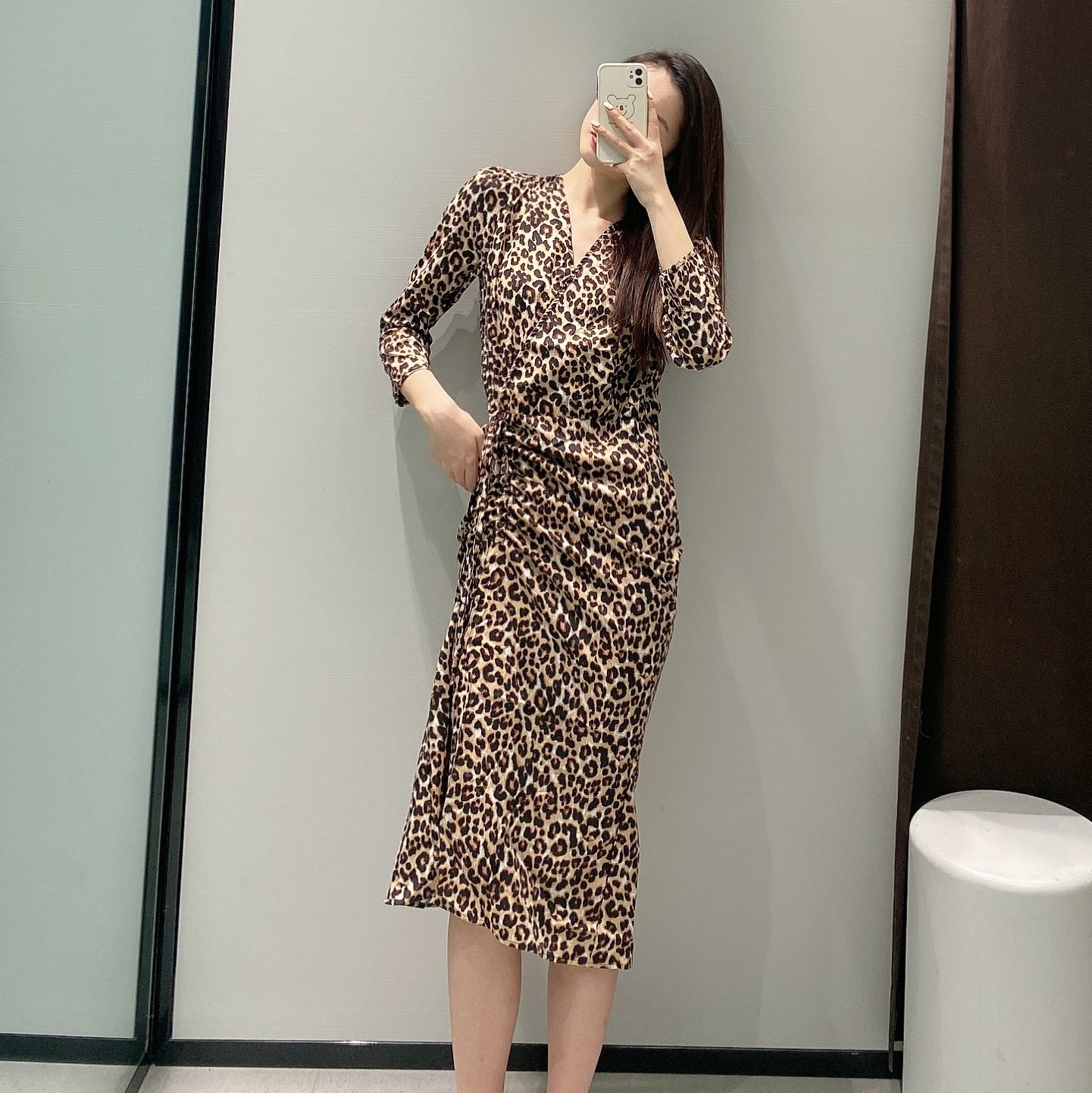 wmxz设计感抽绳褶皱豹纹印花长袖连衣裙2020新款修身气质中长裙