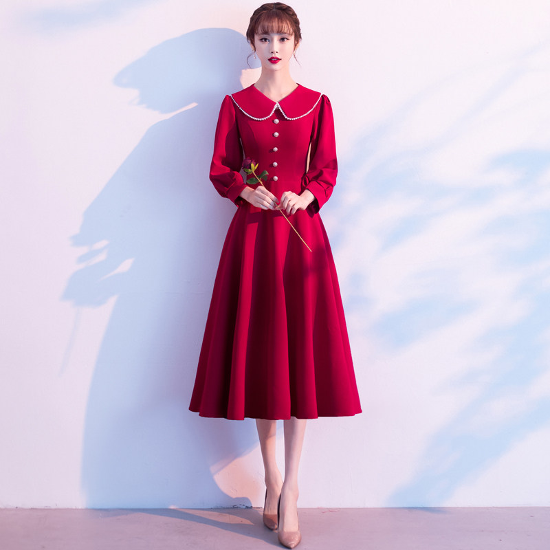 敬酒服新娘2021新款酒红色结婚气质回门晚礼服裙女小个子平时可穿