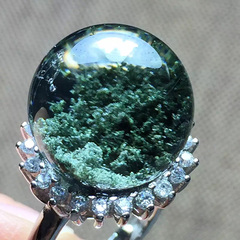 纯天然花幽灵单珠精美镶嵌戒指 晶体通透全绿圆润戒指女神必备款