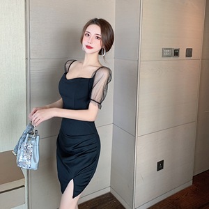 Mesh stitching waist closing small black skirt Hip Wrap Dress