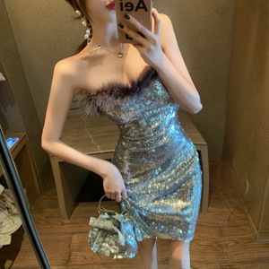 New sexy foreign style one shoulder skirt Sequin suspender dress fashion