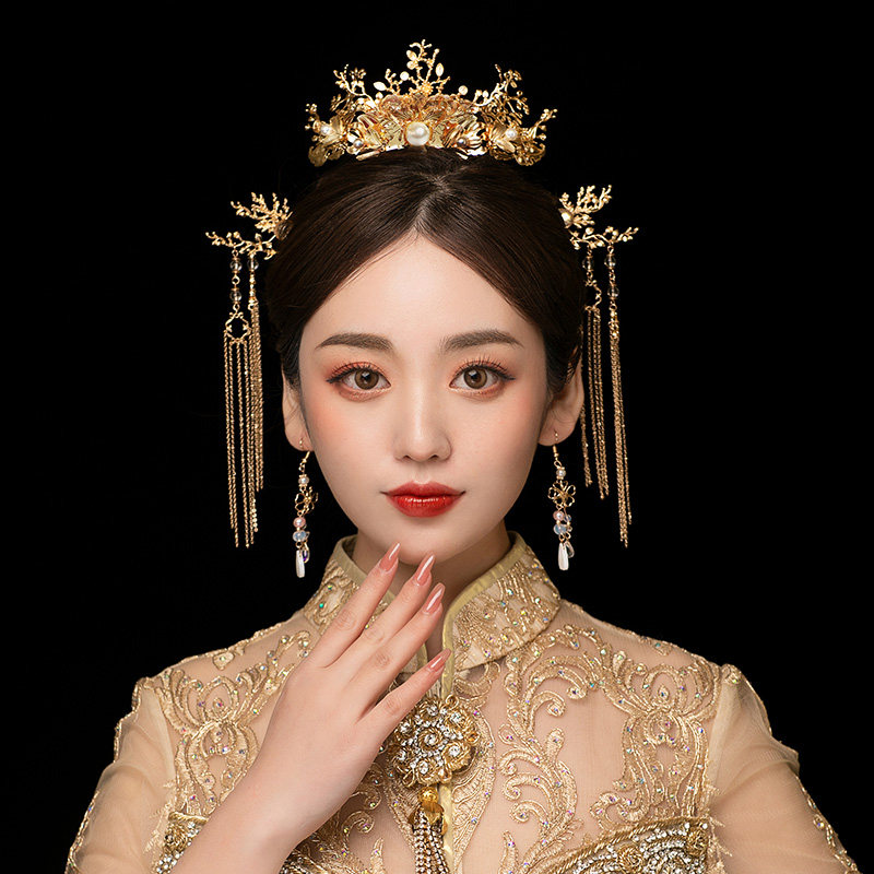 水舞u0415新娘头饰新款中式金色古装结婚礼秀禾服龙凤褂发饰品