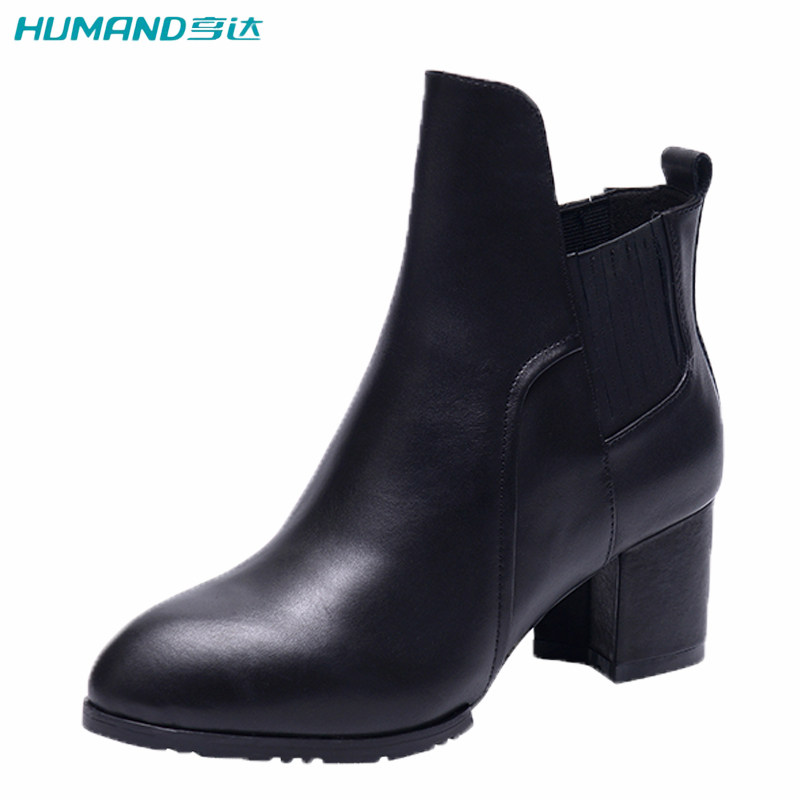 亨达皮靴女士靴子冬季真皮鞋短筒靴套筒中靴尖头厚底高跟粗跟短靴