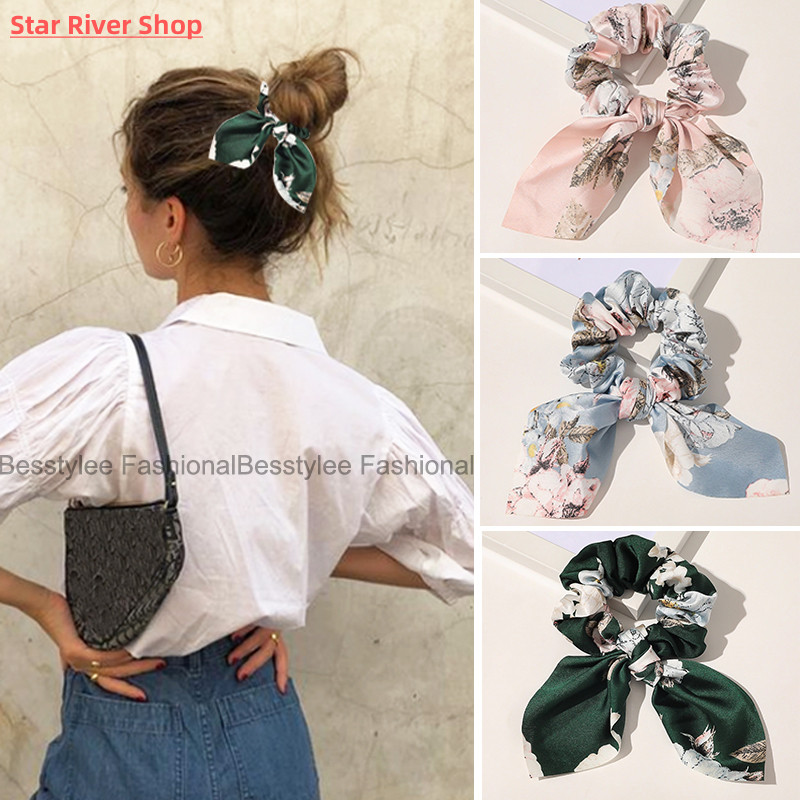 Fashion Print Hair Scrunchie Bowknot Hair Rope for Women Gir