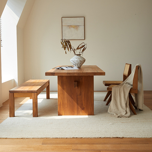 一堆木头缅甸柚木长方形餐桌北欧中古全实木工作台书房大板茶桌子
