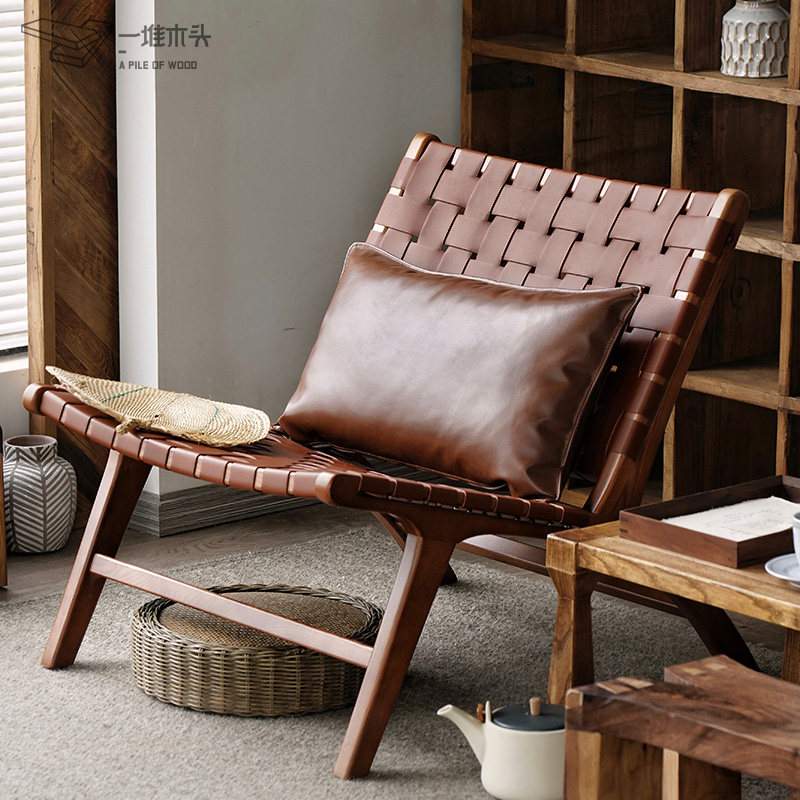 马鞍革北欧实木单人躺椅阳台户外椅