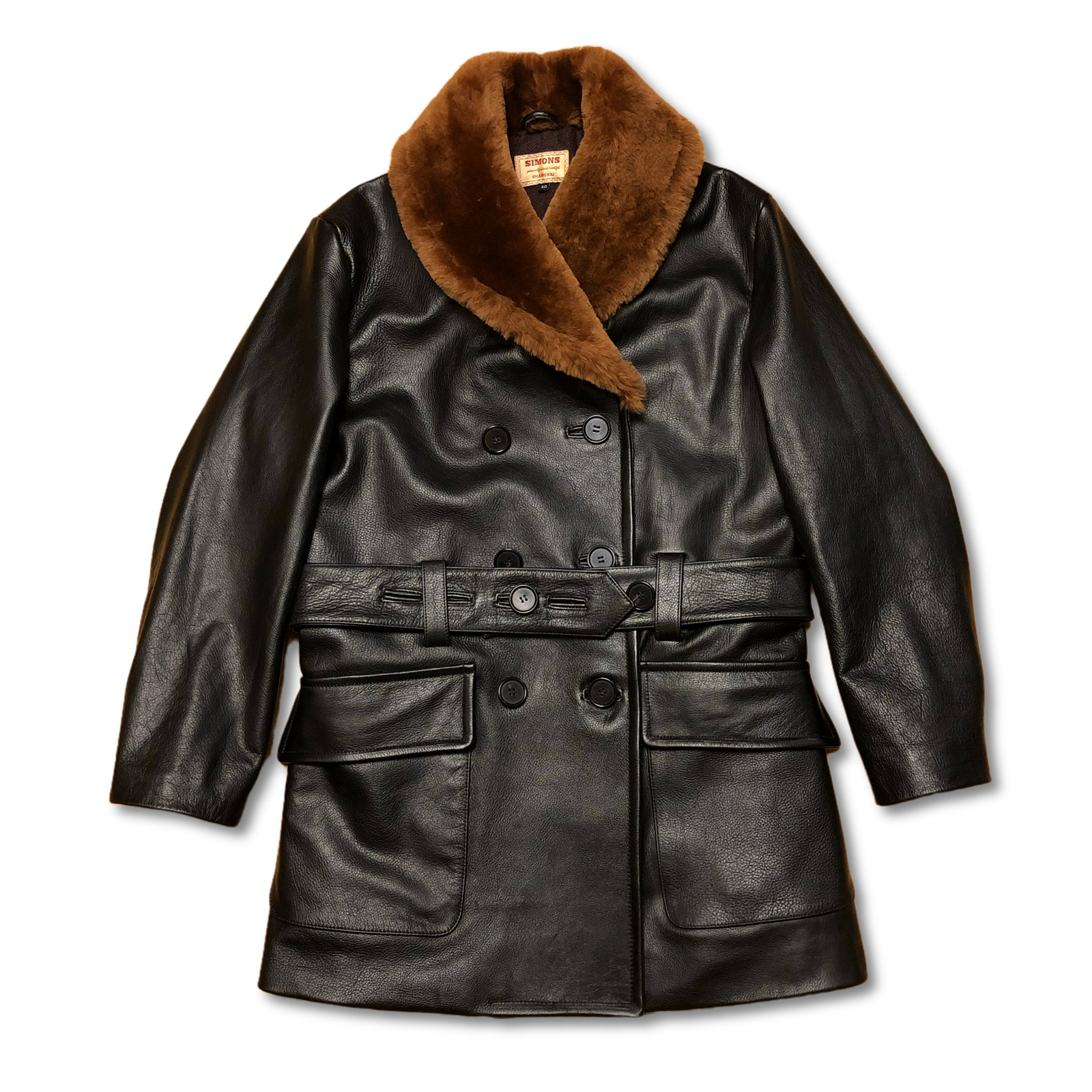 热销农场主_限定猎熊大衣农场主皮毛一体大毛领双排扣茶芯牛皮中长款