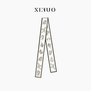 XINUO 猫科动物 桑蚕真丝 丝巾小长条领巾发带复古绑包带法式原创