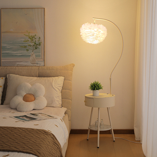 奶油风羽毛落地灯客厅卧室氛围设计感摆件沙发边几床头柜一体台灯