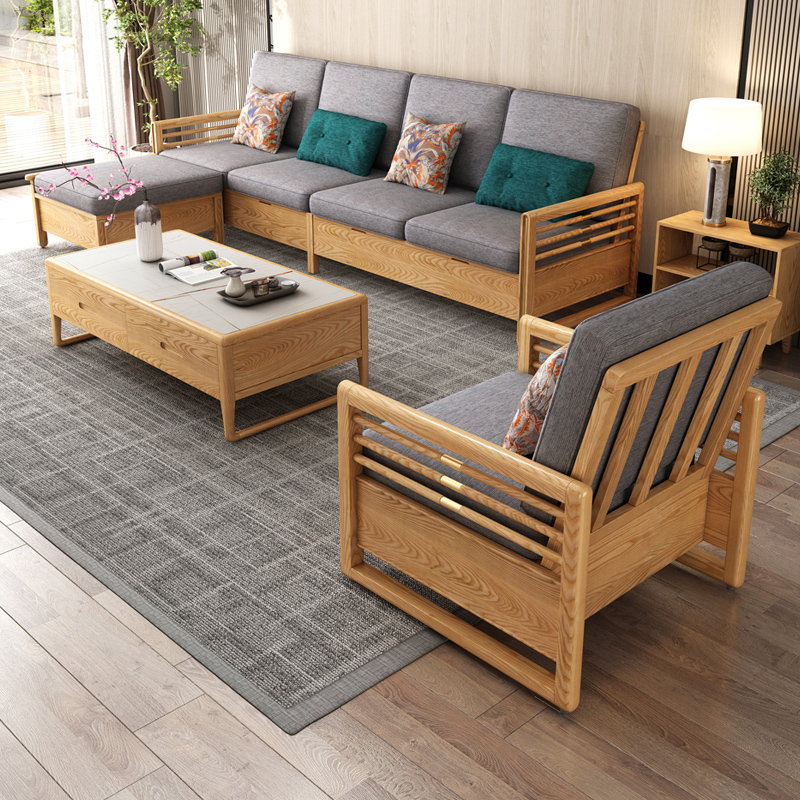 北欧新中式实木沙发大小户型客厅转角组合白蜡木冬夏两用储物沙发