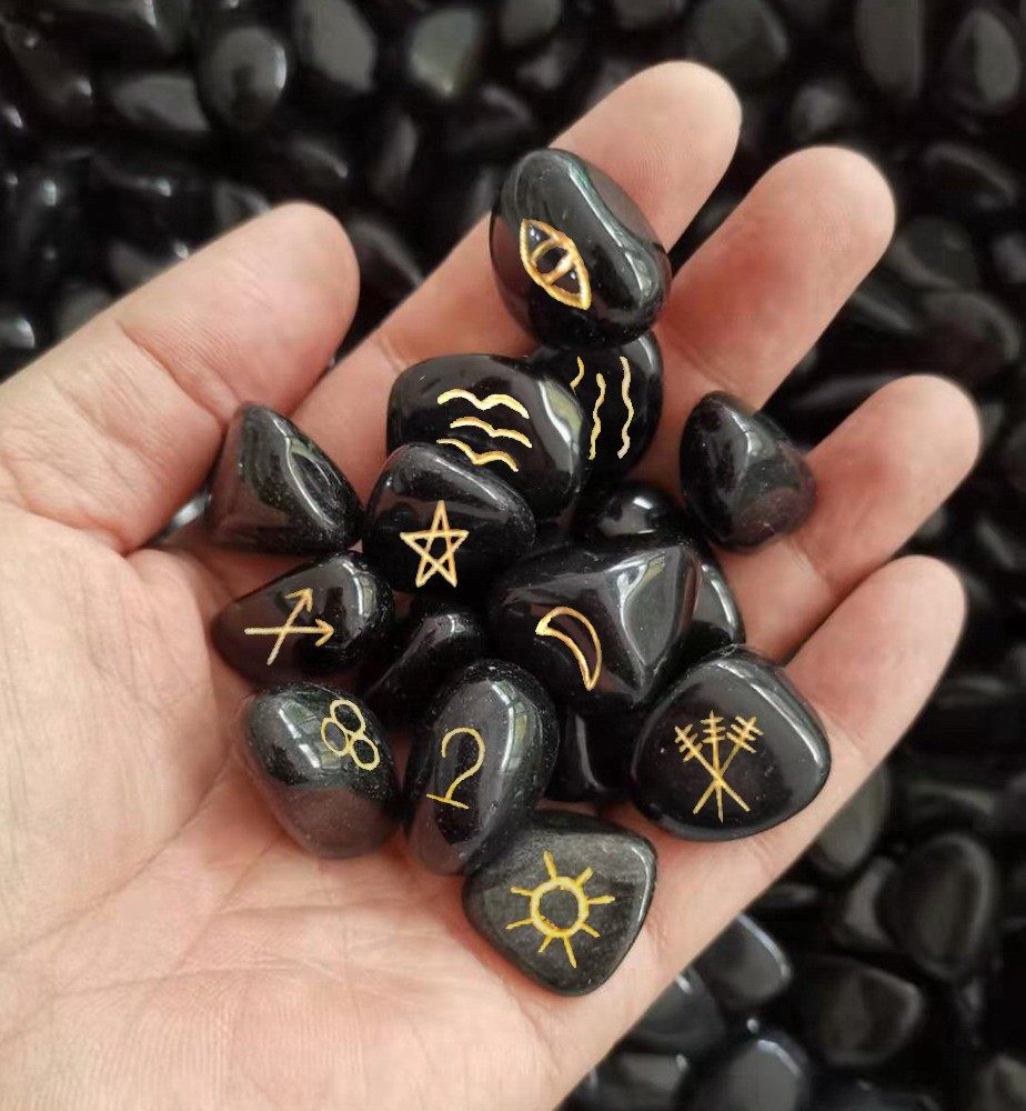 gypsy stones 吉普赛占卜石天然黑曜石沉雕描金手工雕刻定制包邮
