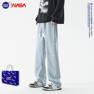 NASA复古水洗做旧浅蓝色直筒男士牛仔裤秋冬高腰宽松垂感阔腿长裤