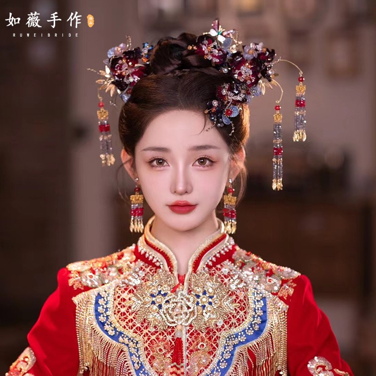 新中式酒红玫瑰花苞古装新娘发饰分体发簪套装气质秀禾服百搭配饰