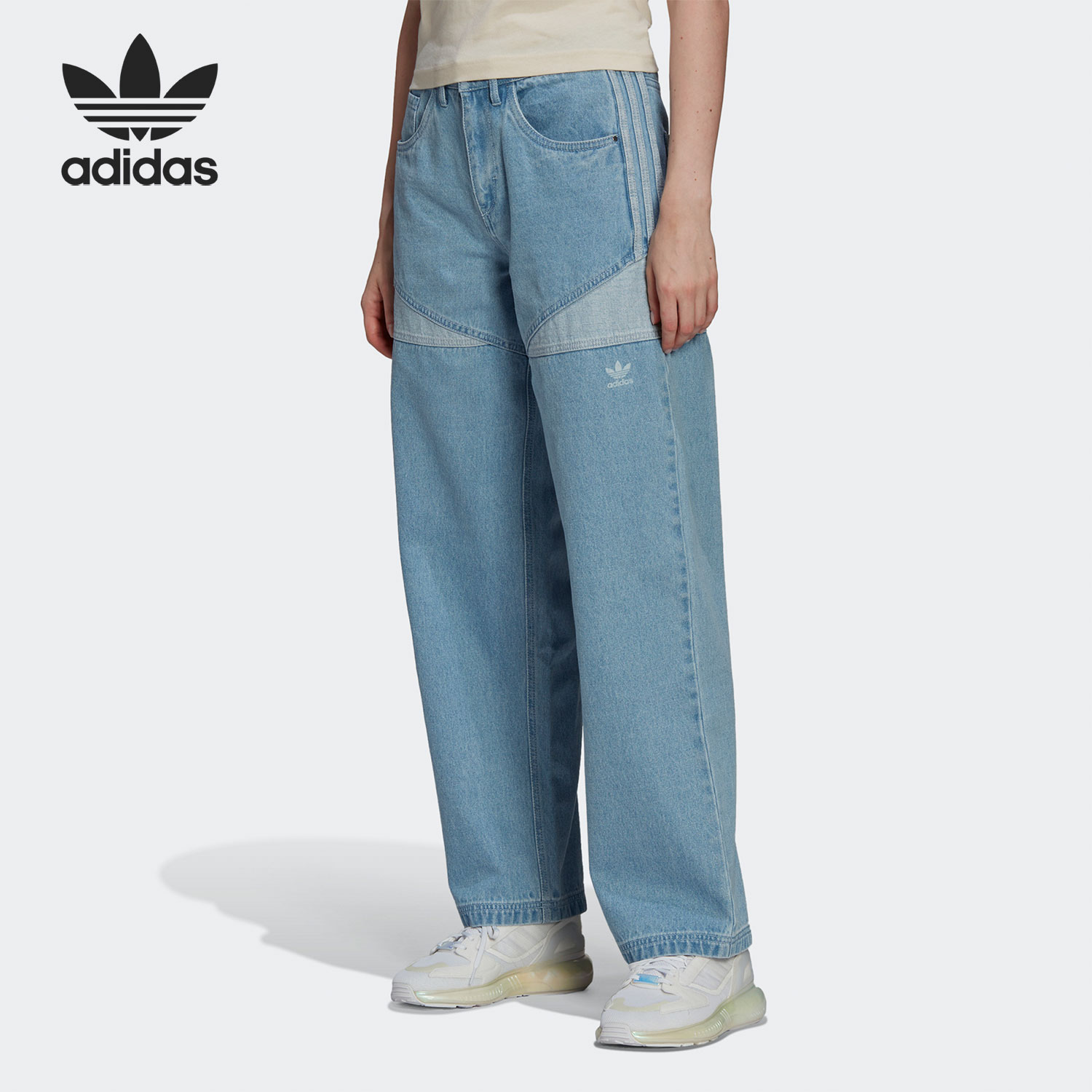 Adidas/阿迪达斯正品三叶草女子时尚休闲直筒宽松牛仔长裤 HU1638