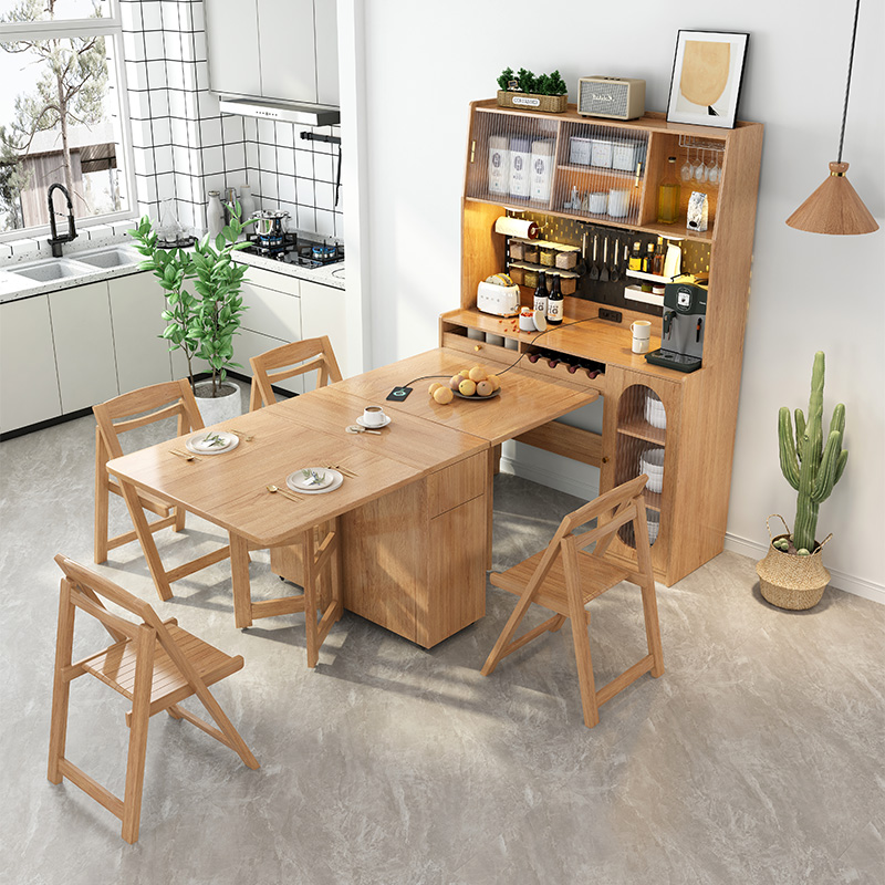 日式折叠餐桌餐边柜一体可移动伸缩靠墙小户型原木风家用饭桌柜子
