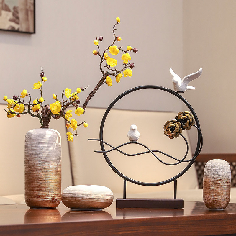 新中式禅意电视柜插花花瓶摆件茶室客厅玄关摆设铁艺陶瓷软装饰品