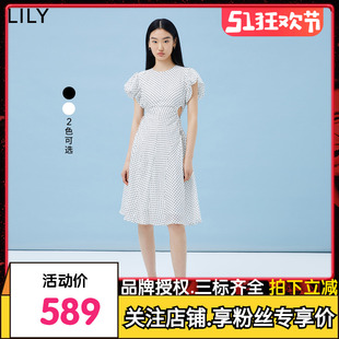 【商场同款】LILY2023夏新款女装含真丝亚麻浪漫波点连衣裙小个子