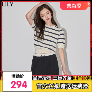 LILY2024春新款女装复古条纹时尚通勤气质泡泡袖修身短款毛针织衫