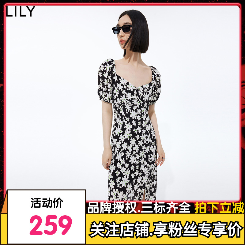 LILY2023夏新款女装复古方领艺术印花气质通勤显瘦高腰连衣裙