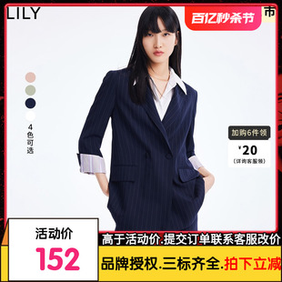 LILY2022夏新款女装气质双排扣垫肩设计宽松通勤条纹小西装外套