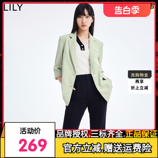 LILY2022夏新款女装气质通勤款经典条纹舒适宽松七分袖西装外套女