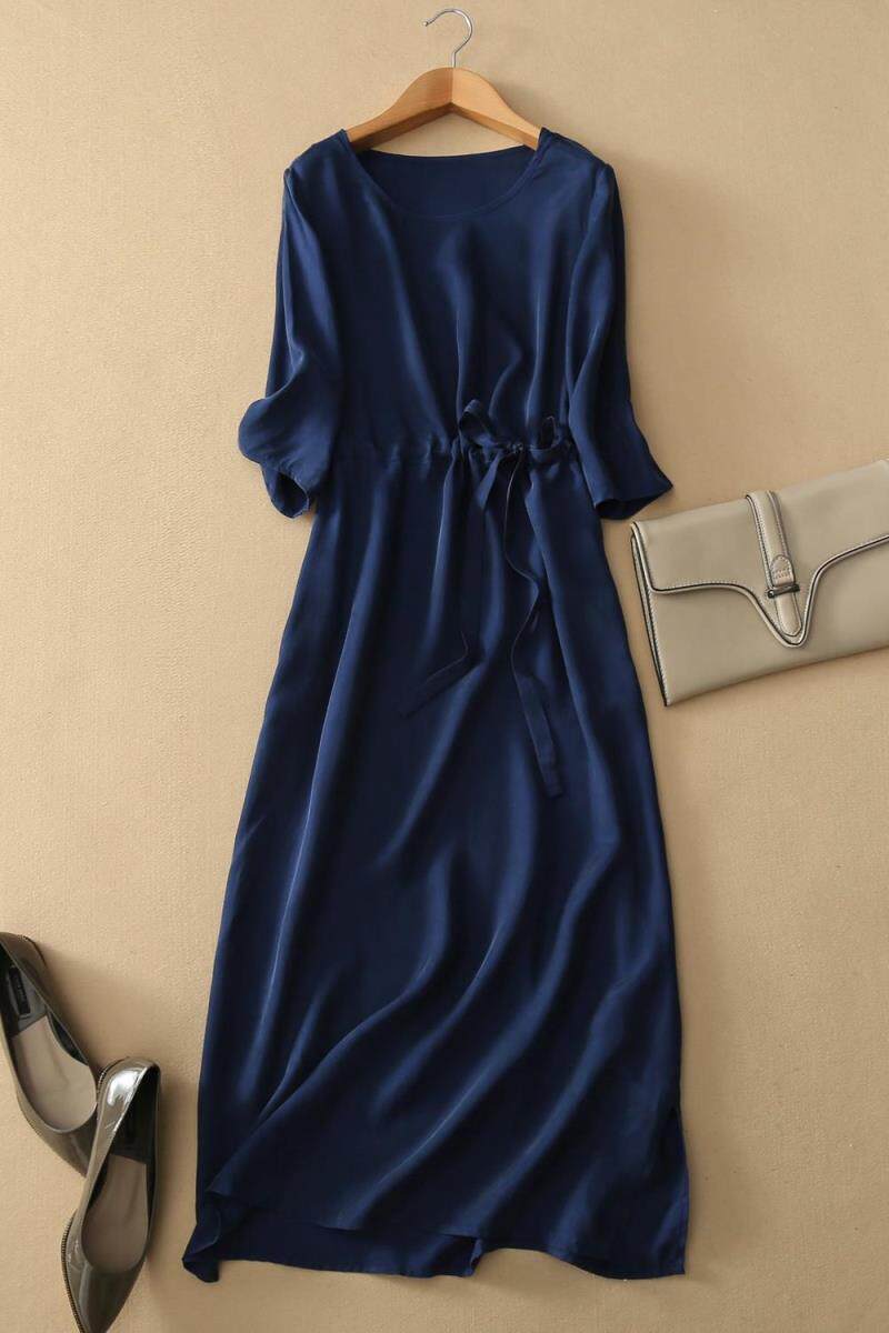 2020夏重磅铜氨丝连衣裙圆领新款真丝文艺中长袖秋装修身长裙袍子