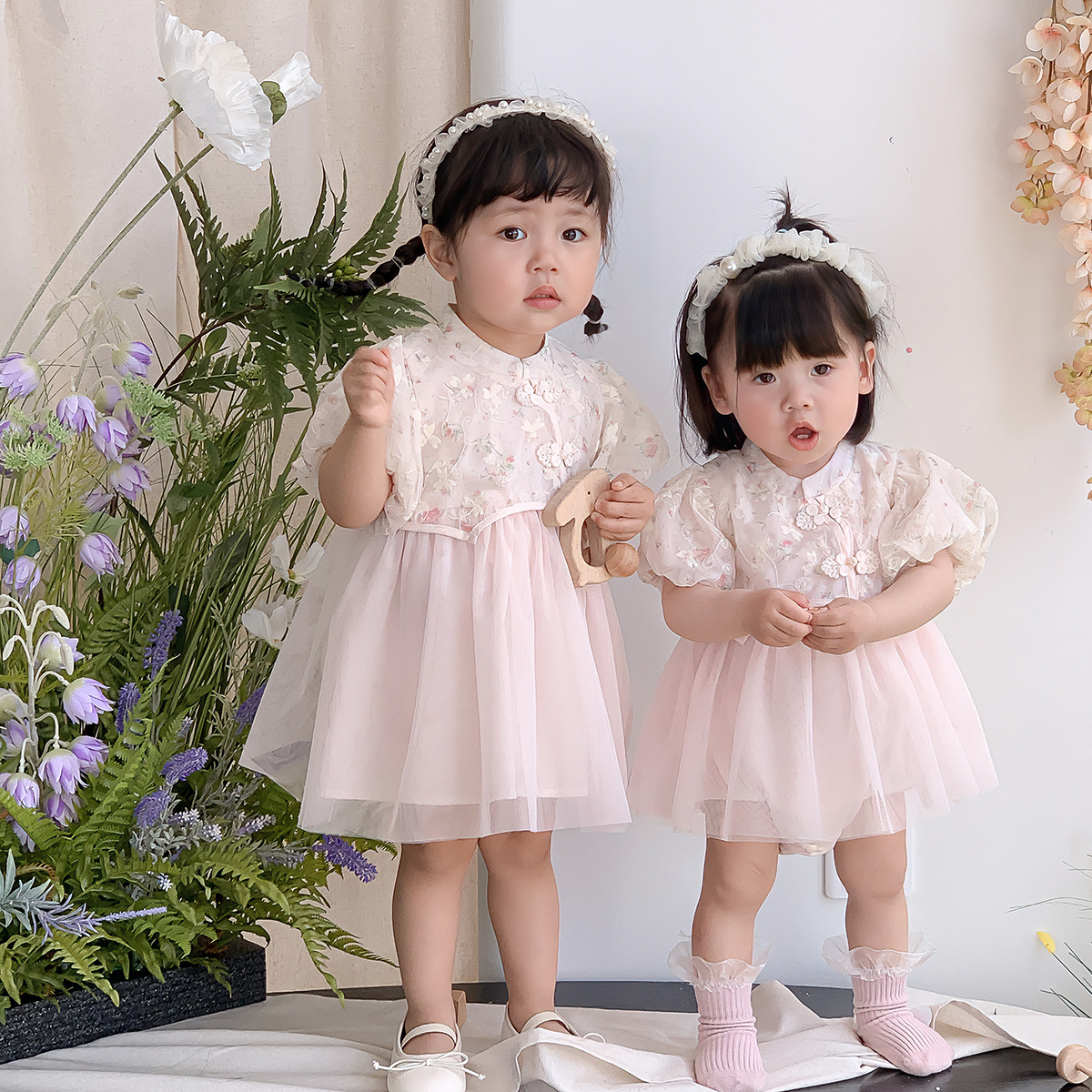 百天粉色女童新中式连衣裙夏装新款假两件国风婴儿包屁衣周岁礼服