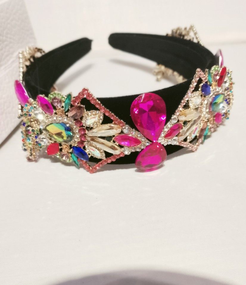 原创玫红水晶发箍女宽边压发七彩镶钻发卡女复古闪钻宝石头箍高级