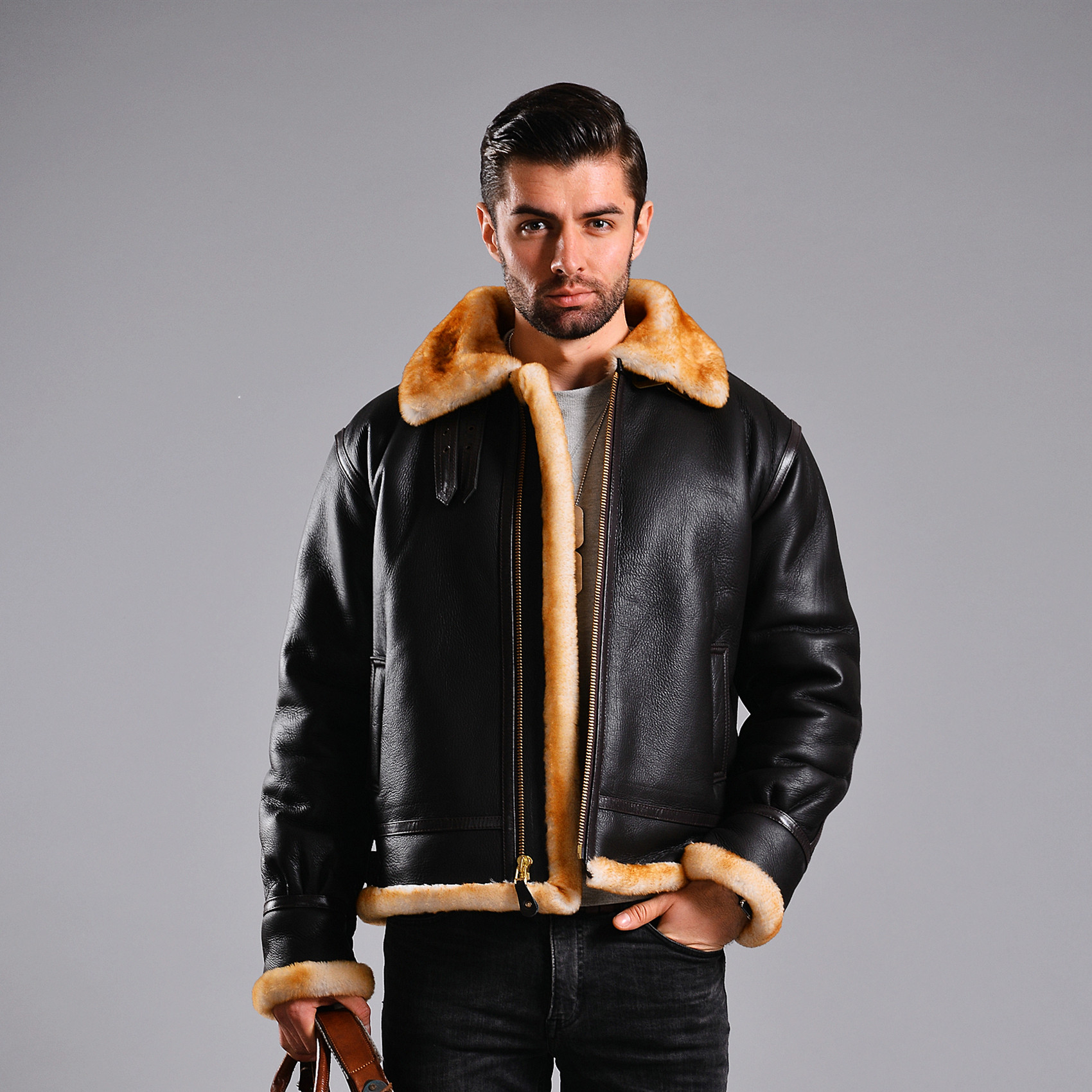 全新美国原装进口b3轰炸机飞行皮衣正品羊真皮毛一体二战复古加厚