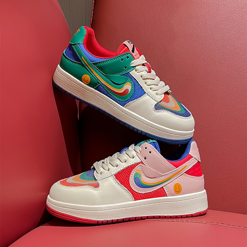 彩虹板鞋女2022夏季网面透气薄款真皮小众原创拼色糖果休闲鸳鸯鞋