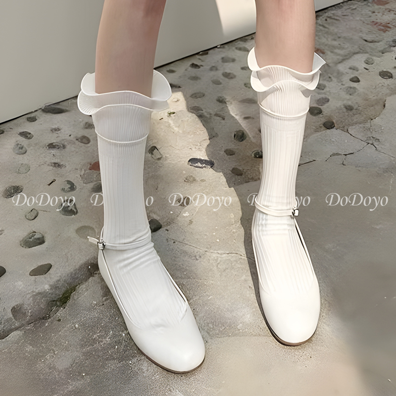 洞洞妖 白色芭蕾风双层荷叶边袜子女中筒夏季薄款褶皱小腿堆堆袜