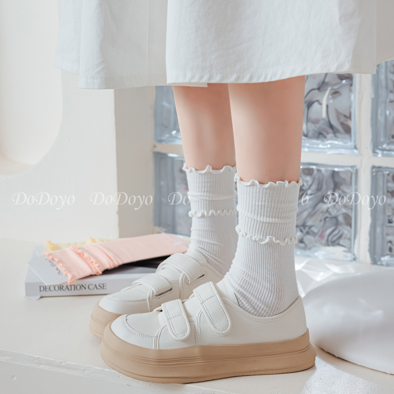 DODOYO 双木耳边堆堆袜女中筒白色春夏薄款纯棉JK日系学院风长袜