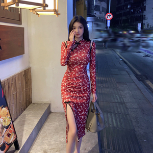 Spring and Autumn New Retro national style broken flower long high slit fashion waist and shoulder dress