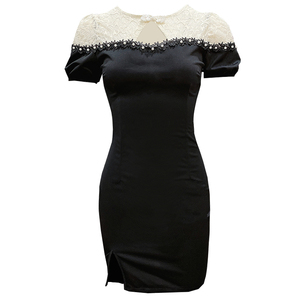 Short sleeve color matching waist short sleeve fashion beaded lace stitching buttock dress