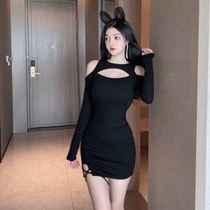 Spring and Autumn New Retro pure desire style off shoulder fashion waist closing sexy black buttock dress