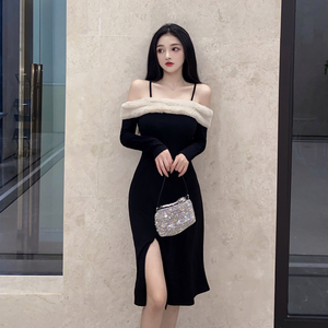 Autumn new long sleeved off shoulder sexy temperament Christmas annual meeting long skirt dress women