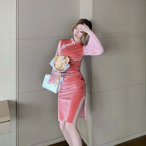 Pink Velvet stitched Chiffon horn sleeve slim fit bag hip slit retro cheongsam dress