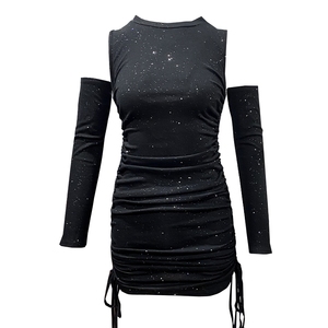 Off the shoulder sleeve drawstring waist bag hip black shiny fashion base dress