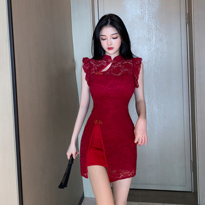 Retro Chinese style improved lace cheongsam waist A-shape slim sleeveless dress