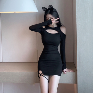 Spring and Autumn New Retro pure desire style off shoulder fashion waist closing sexy black buttock dress