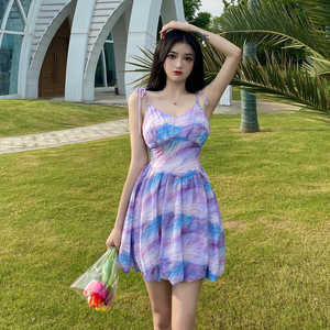 Retro gentle wind sweet broken flower suspender dress summer new short skirt waist puffy skirt