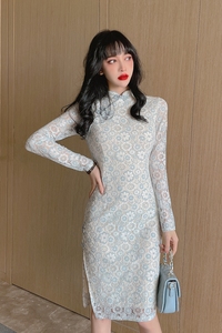 Long sleeve lace retro dress with improved waist and buttocks